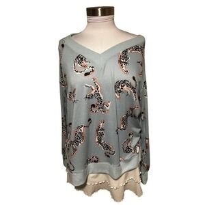 Kate Spade New York Blue Leopard Print Oversized V-Neck Sweater Small